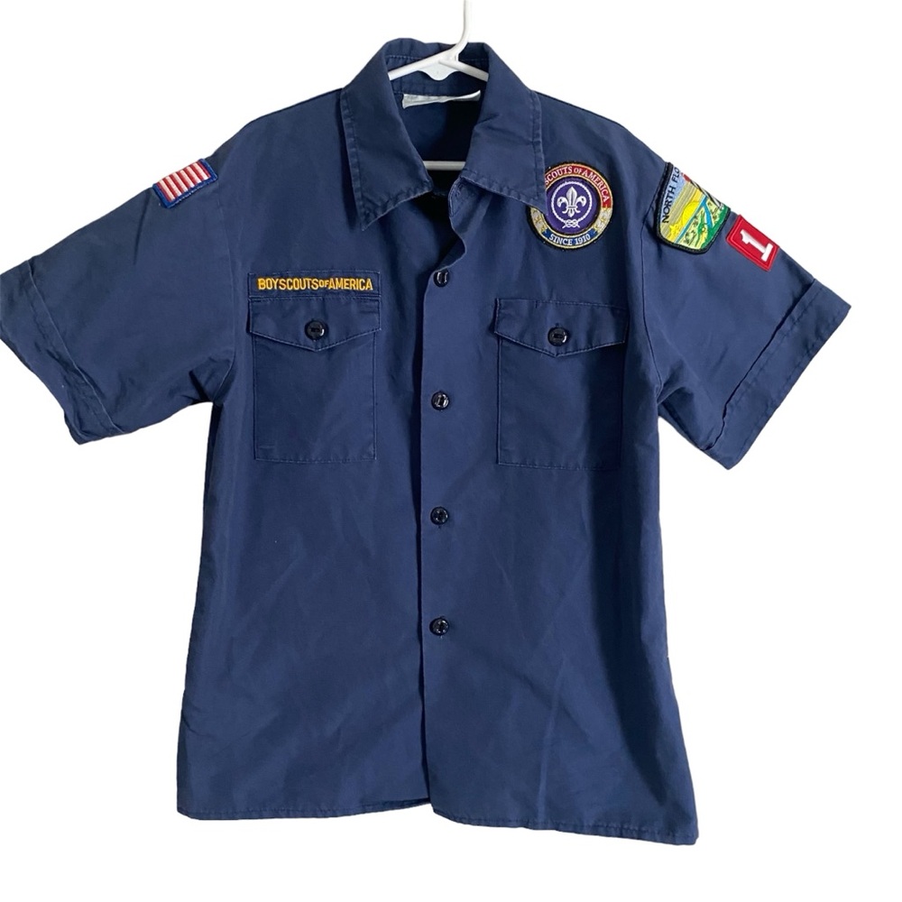 VINTAGE NAVY BLUE BOY SCOUTS OF AMERICA BUTTON UP PATCH WORK SHORT SLEEV…
